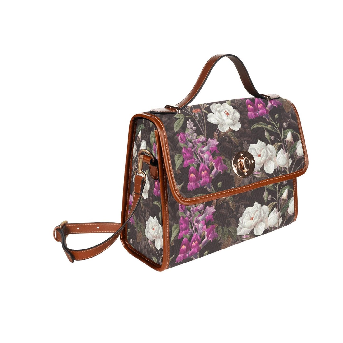 Dark Academia Wildflowers Canvas Crossbody Bag – Black Purple Botanical Vintage Bag