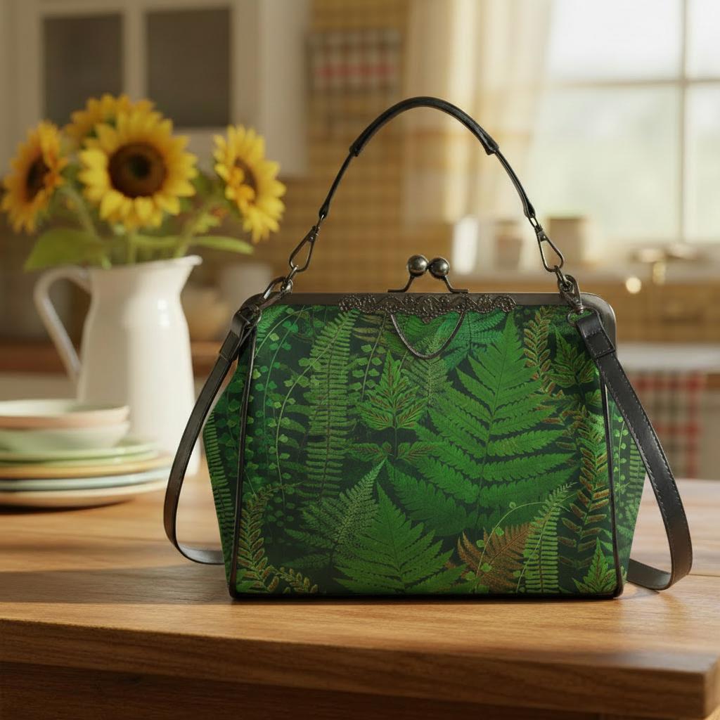 Dark Academia Green Fern Kisslock Crossbody Handbag - Vintage Forest Bag