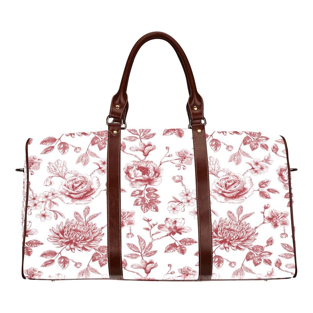 Toile de Jouy Red White Floral Travel Bag – French Vintage Weekender Duffle