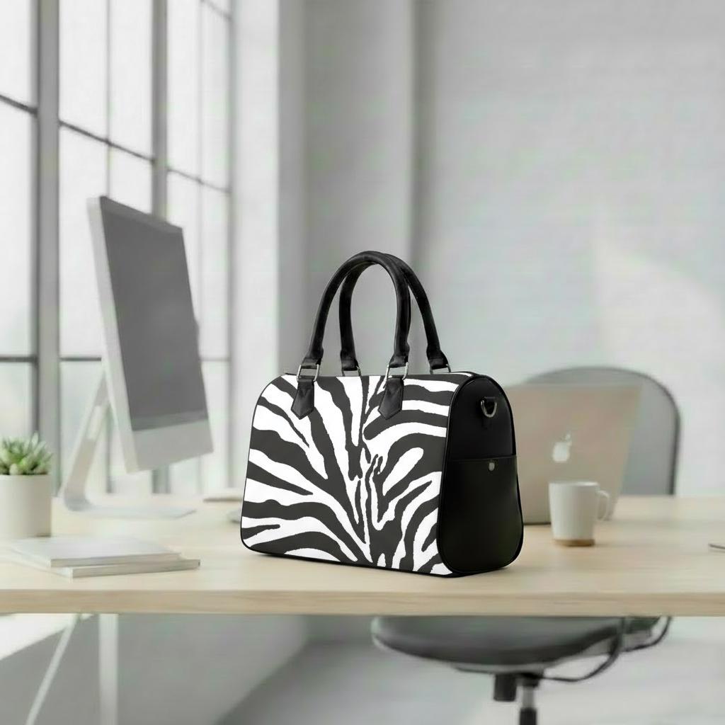 Zebra Print Barrel Handbag – Black White Everyday Purse