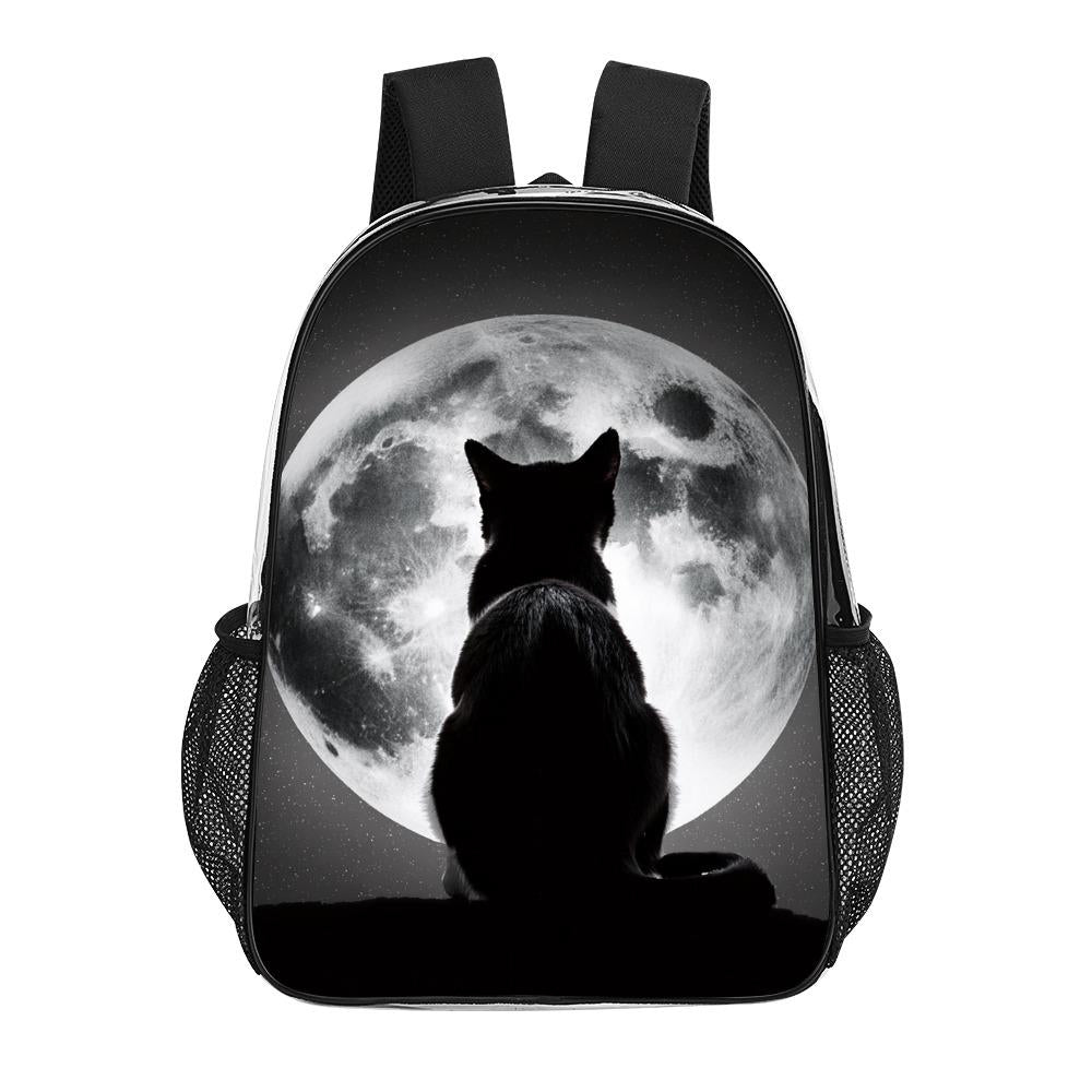Black Cat & Moon Clear PVC Backpack, School Travel Business Daypack with Side Pockets