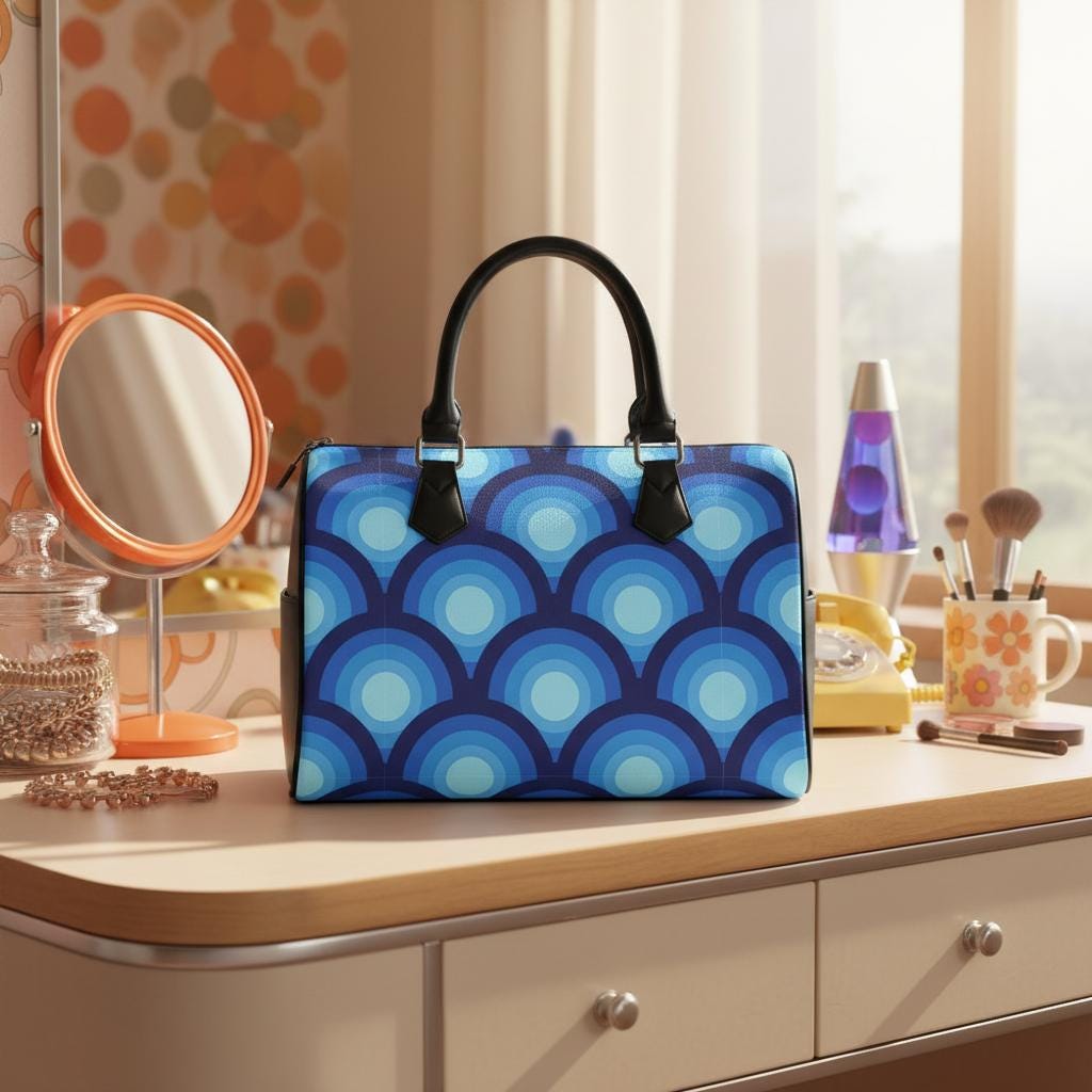 Retro 70s Peacock Eye Print Barrel Handbag – Blue Black Everyday Top Handle Purse