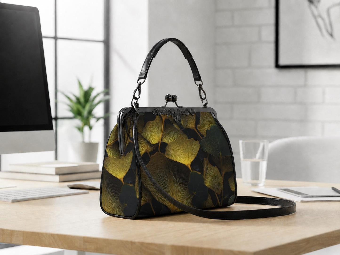 Black Gold Ginkgo Leaves Kisslock Handbag - Botanical Crossbody Shoulder Bag