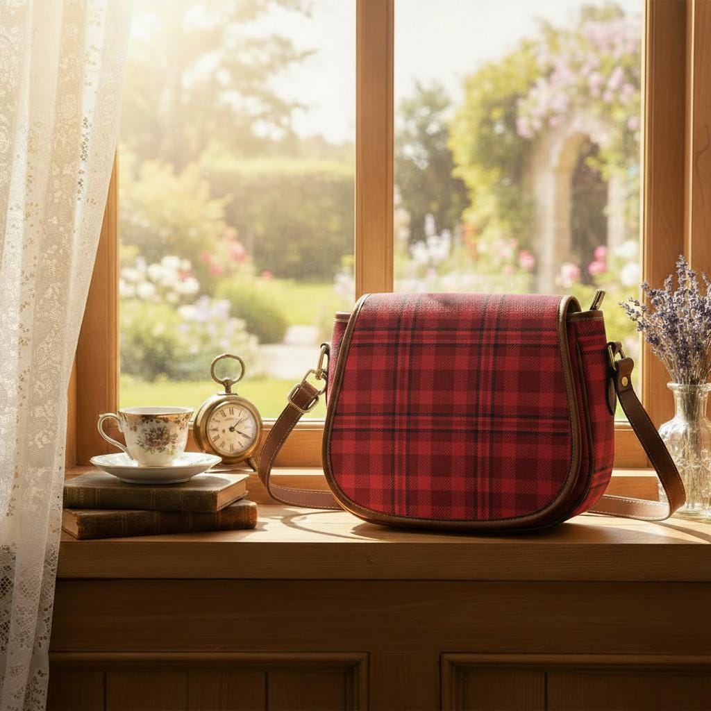Punk Red Black Checkered Retro Saddle Bag –  Alternative Crossbody Oxford Fabric Handbag
