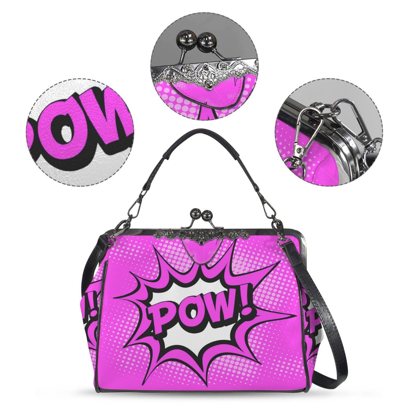 Pop Art Y2k Comic Vegan Kisslock Bag – Pink Bold Graphic Crossbody Handbag