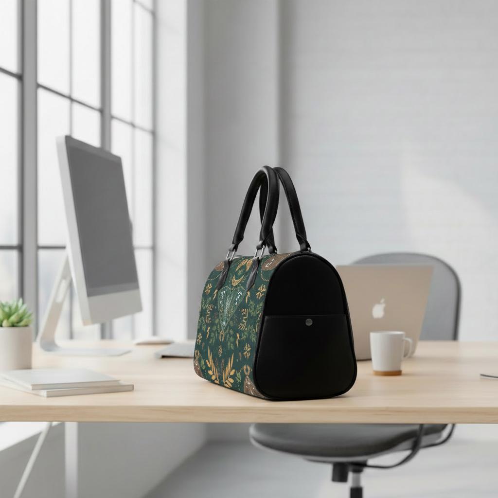 Bolso de mano tipo barril caprichoso de estilo folclórico nórdico – Bolso gótico negro y verde de la academia oscura