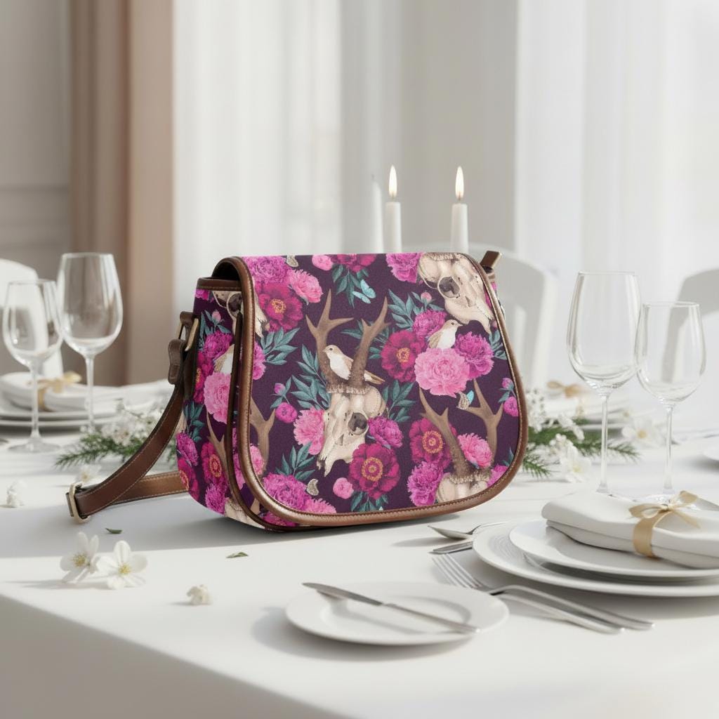 Bolso de montar con rosas y calavera de estilo dark academia – bandolera vintage