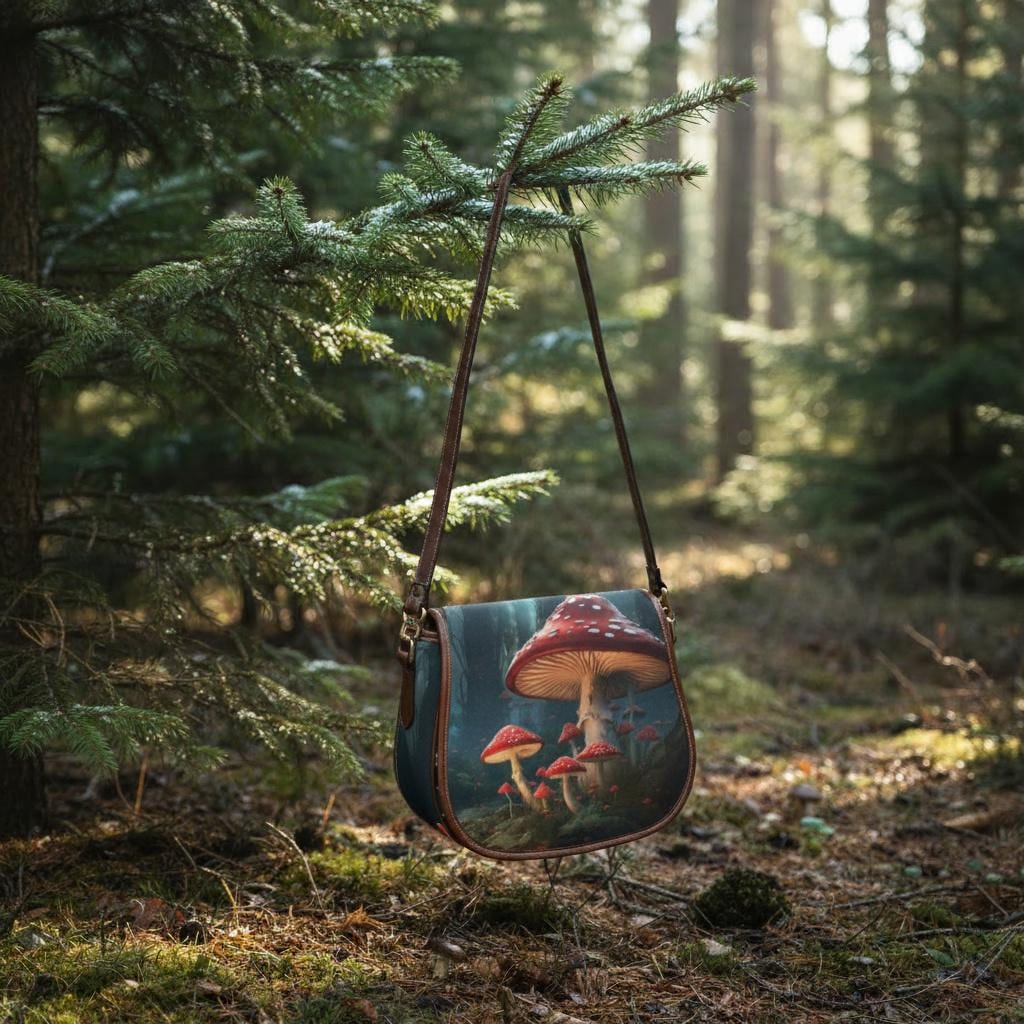 Mushroom Dark Academia Saddle Bag - Toadstool Forest Crossbody Handbag