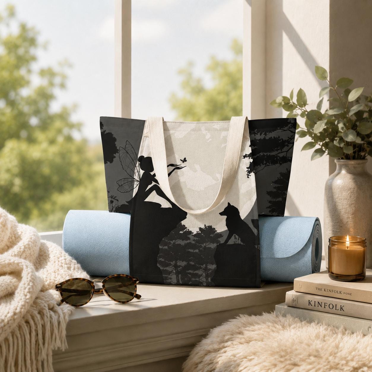Fairy Forest Wolf Yoga Tote Bag with Mat Holder – Black White Silhouette Fairycore