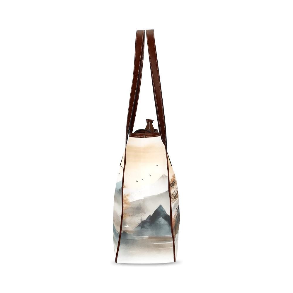 Japanese Watercolor Mountains Tote Bag – Large Asian Art Style Handbag