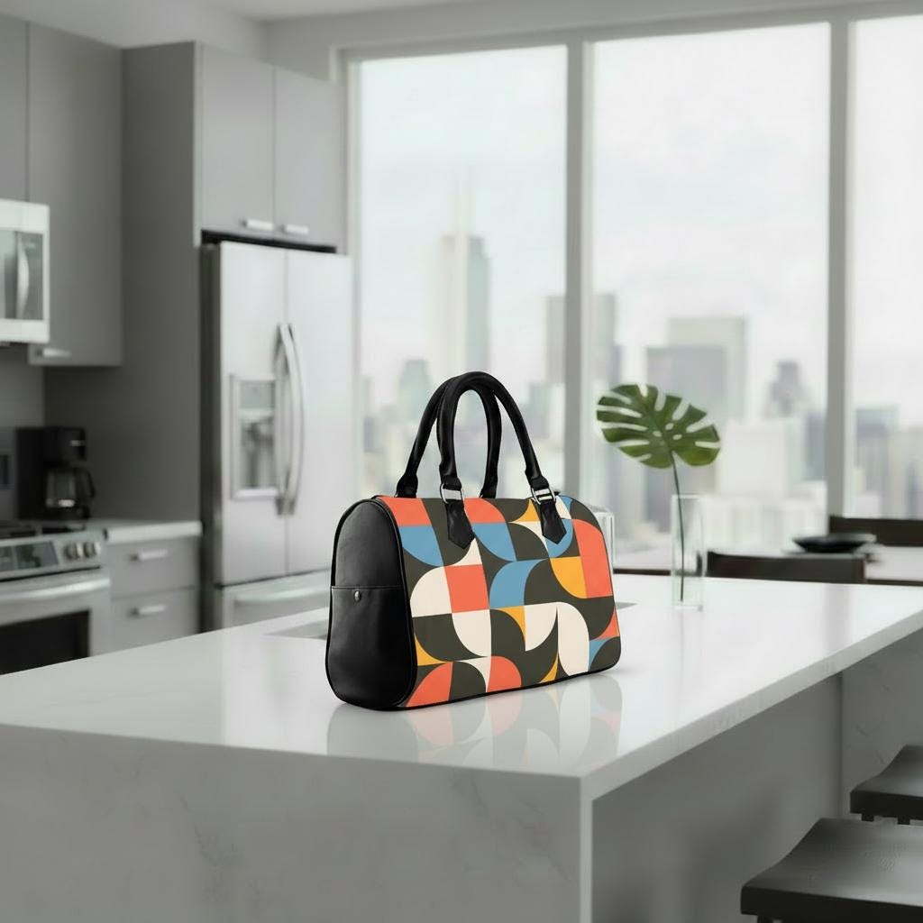 Retro 60s Geometric Print Barrel Handbag – Midcentury Mod Everyday Purse