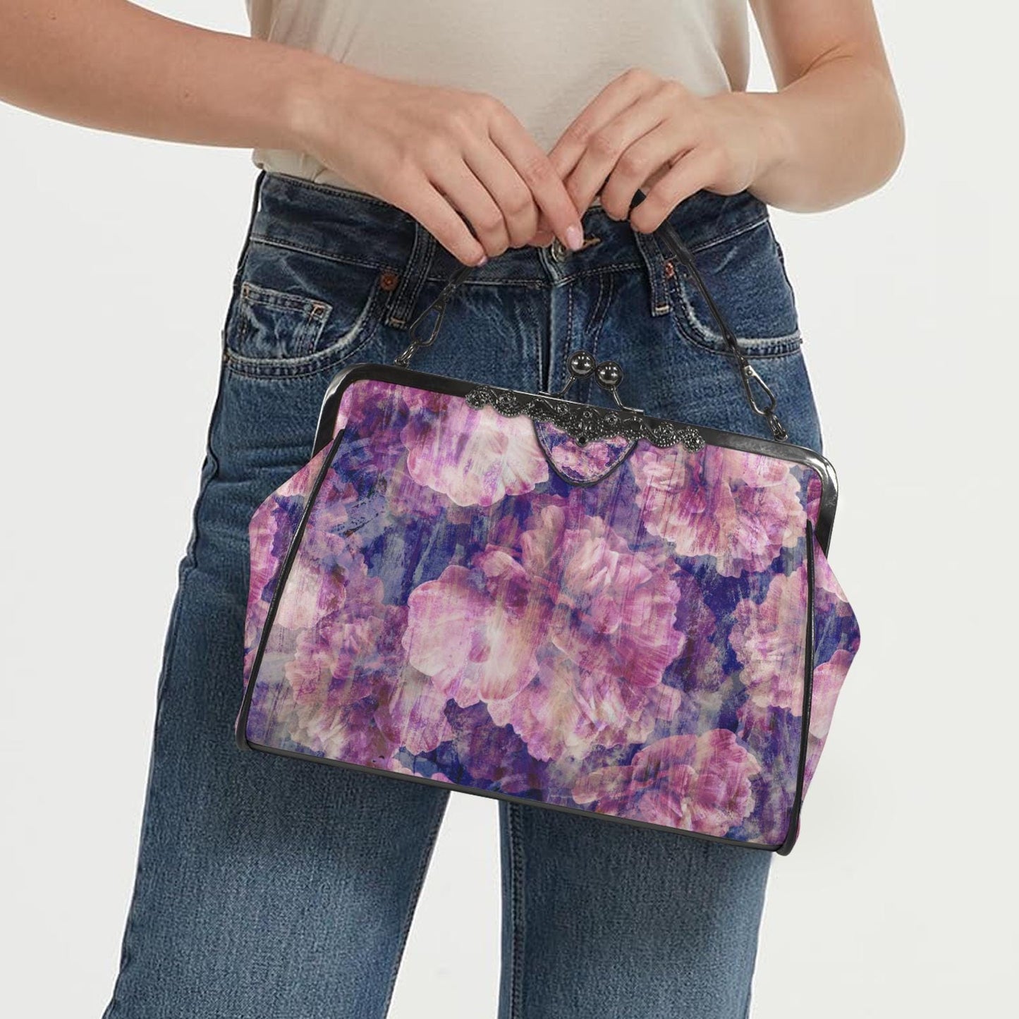 Purple Pink Flowers Kisslock Handbag - Faded Vintage Floral Crossbody Shoulder Bag