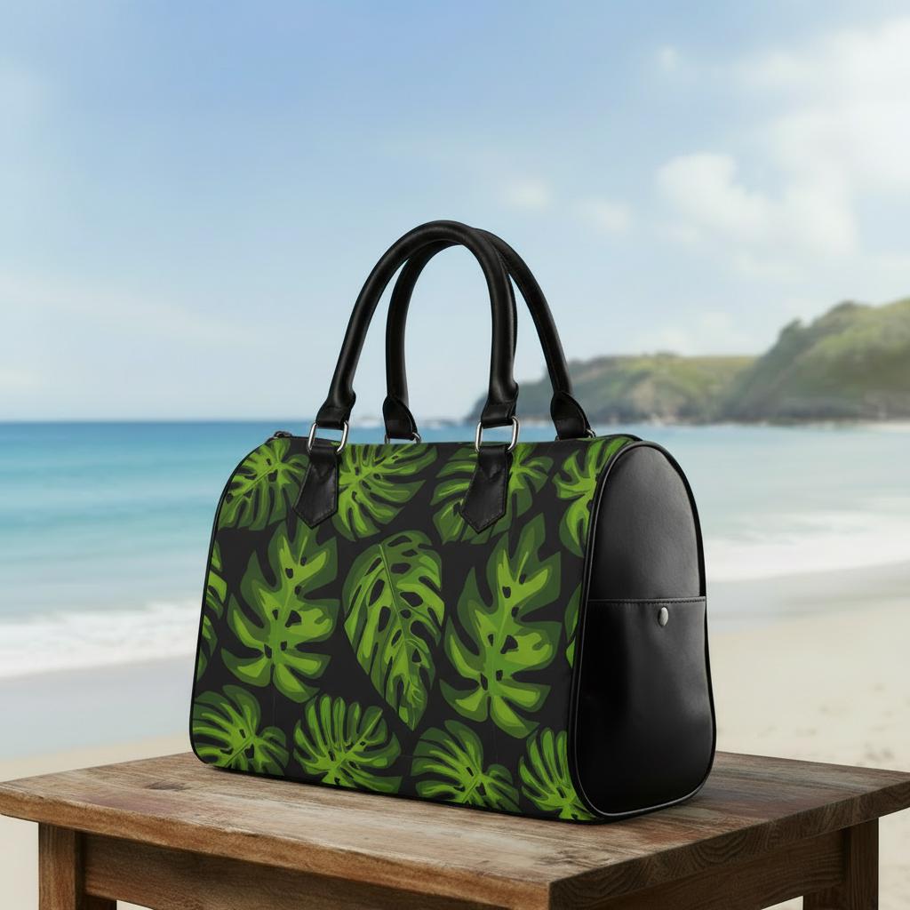 Retro 60s Monstera Print Barrel Handbag – Black Green Botanical Bag