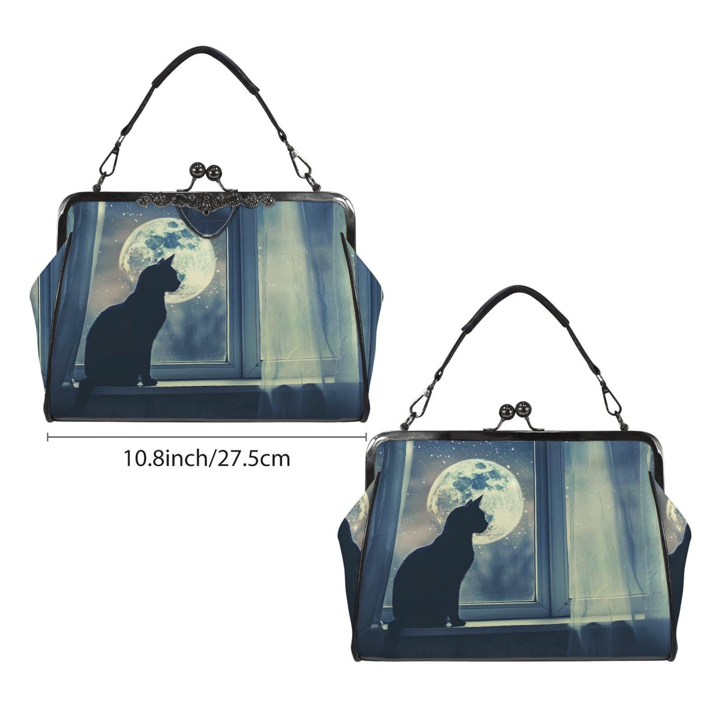 Black Cat Moon Dark Academia Kisslock Bag – Gothic Night Crossbody Handbag