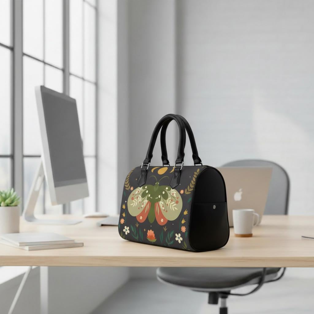 Dark Academia Moth Barrel Handbag – Black Green Orange Everyda Bag