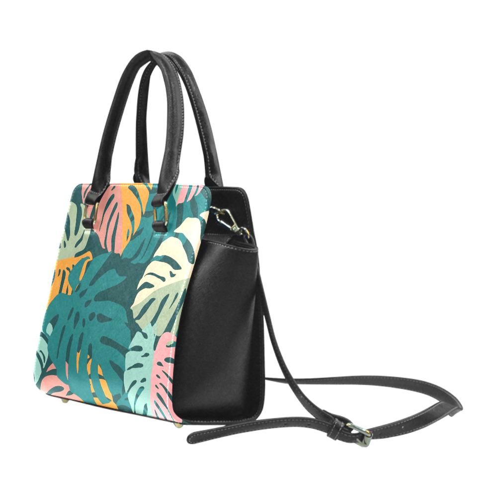 Retro 70s Monstera Rivet Shoulder Handbag – Vintage Midcentury Print Purse