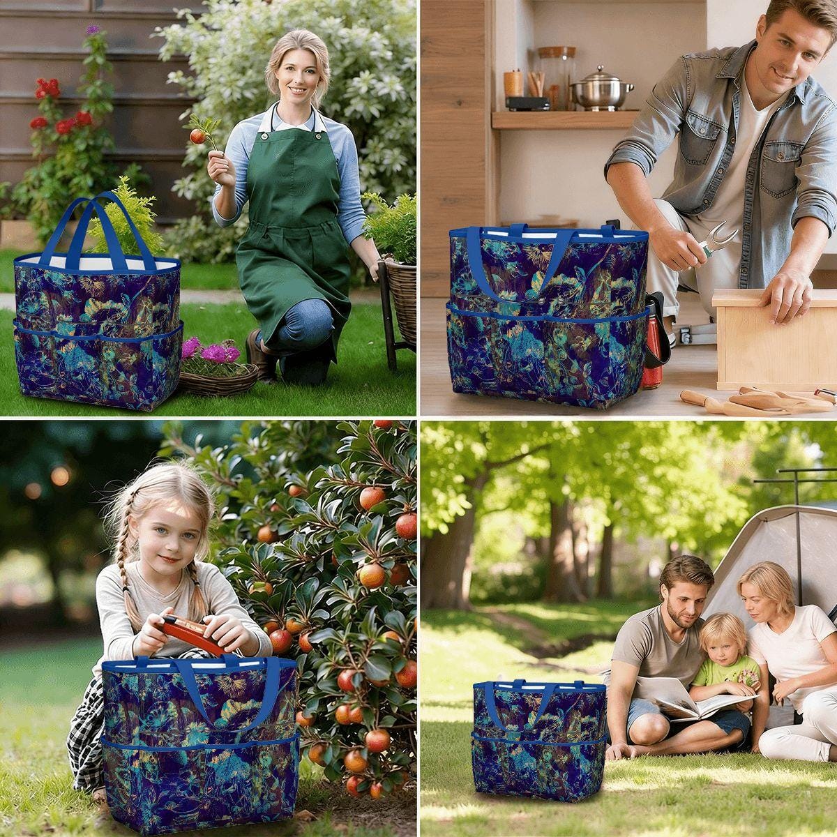 Black Blue Green Floral Gardening Tool Organizer Bag – Dark Academia Moody Tote