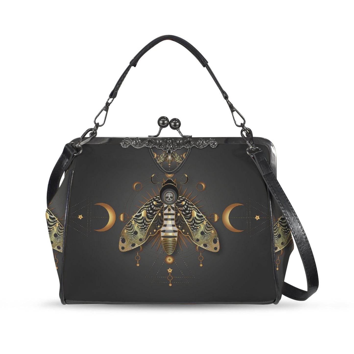 Dark Academia Moth Skull Moon Kisslock Crossbody Bag – Gothic Handbag Adjustable Strap