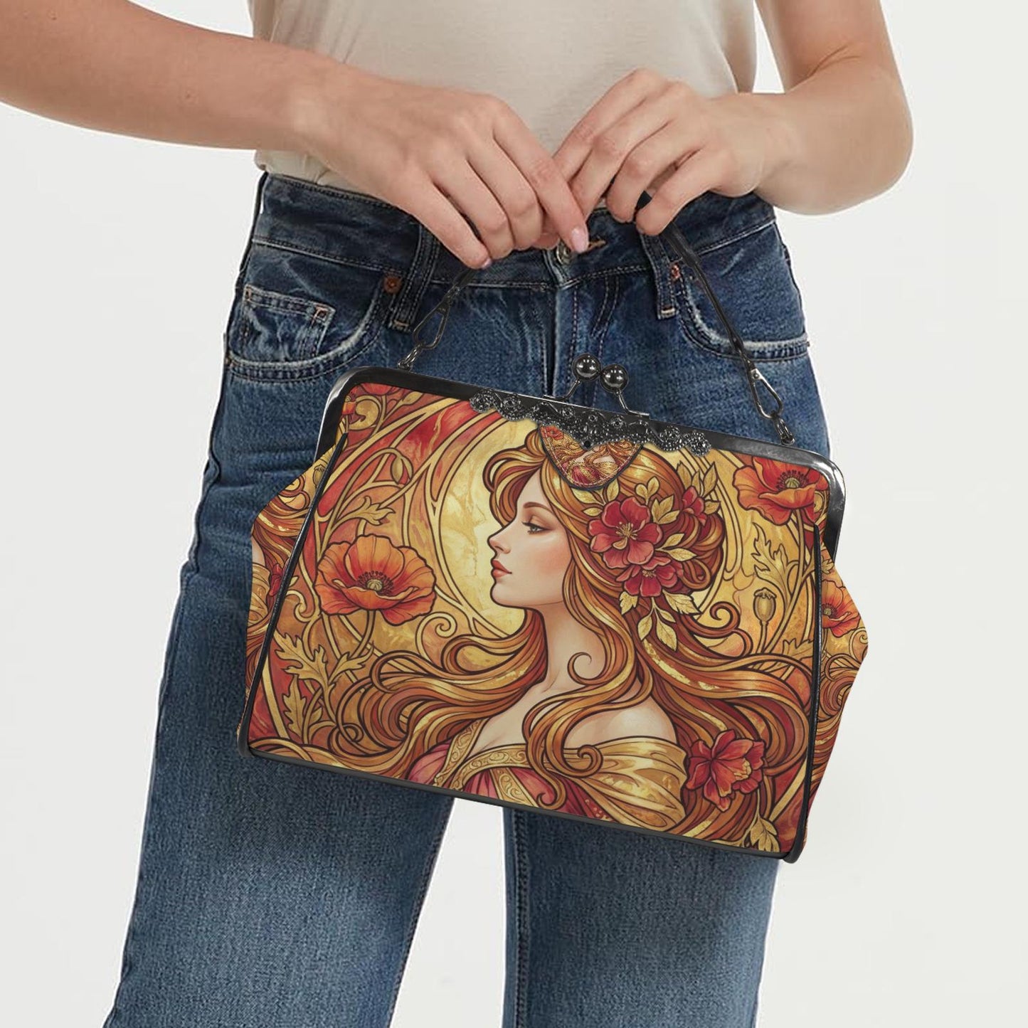 Art Nouveau Style Kisslock Crossbody Handbag - Vintage Romantic Bag