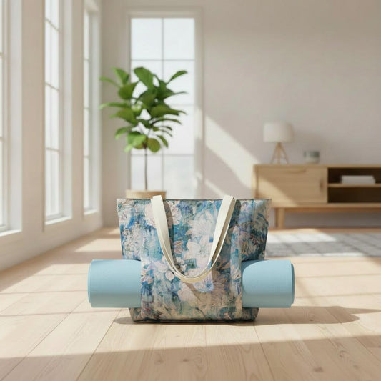 Bold Floral Blue White Yoga Tote Bag – Vintage Cottagecore Mat Carrier