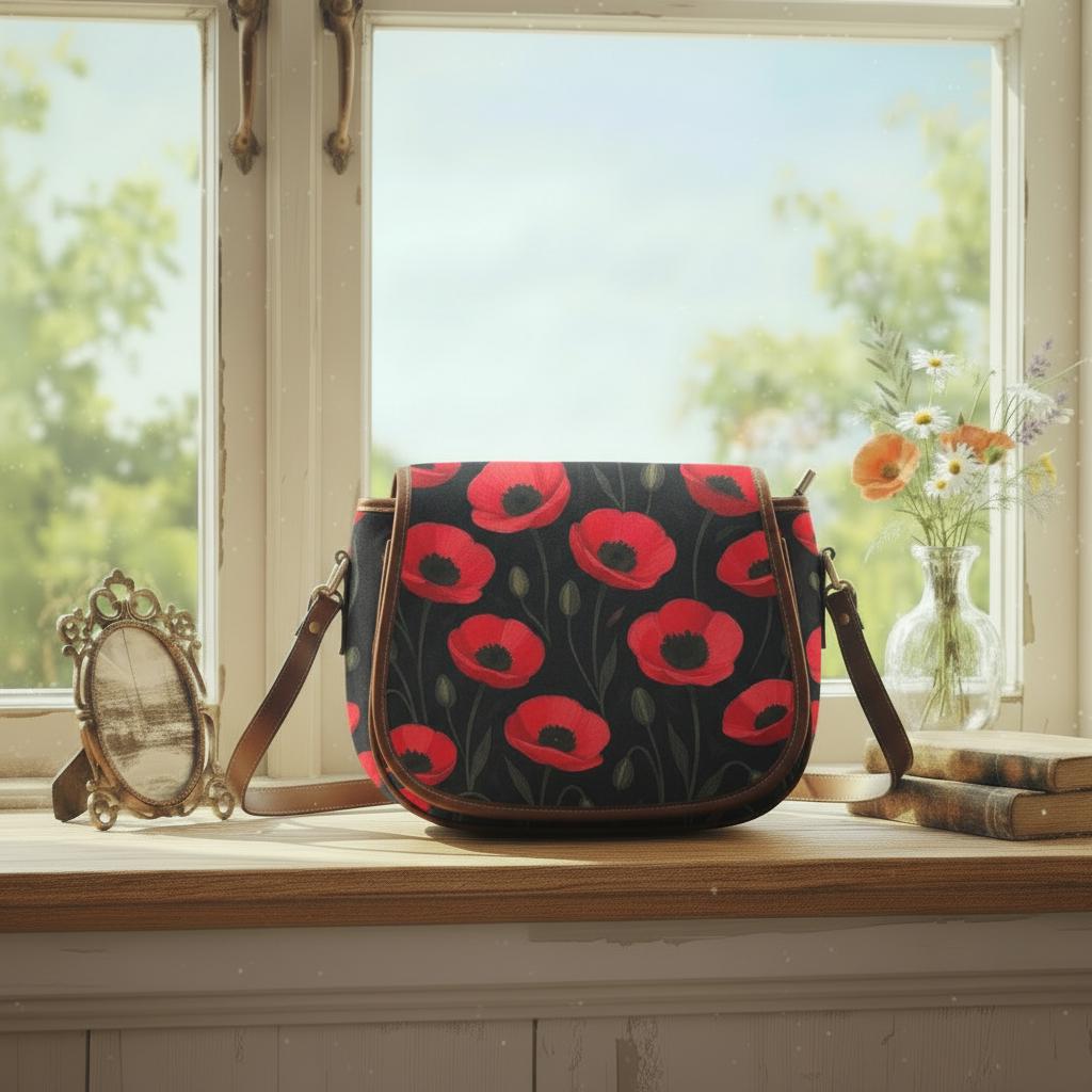 Black Red Poppies Shoulder Saddle Handbag, Romantic Gothic Dark Academia Crossbody