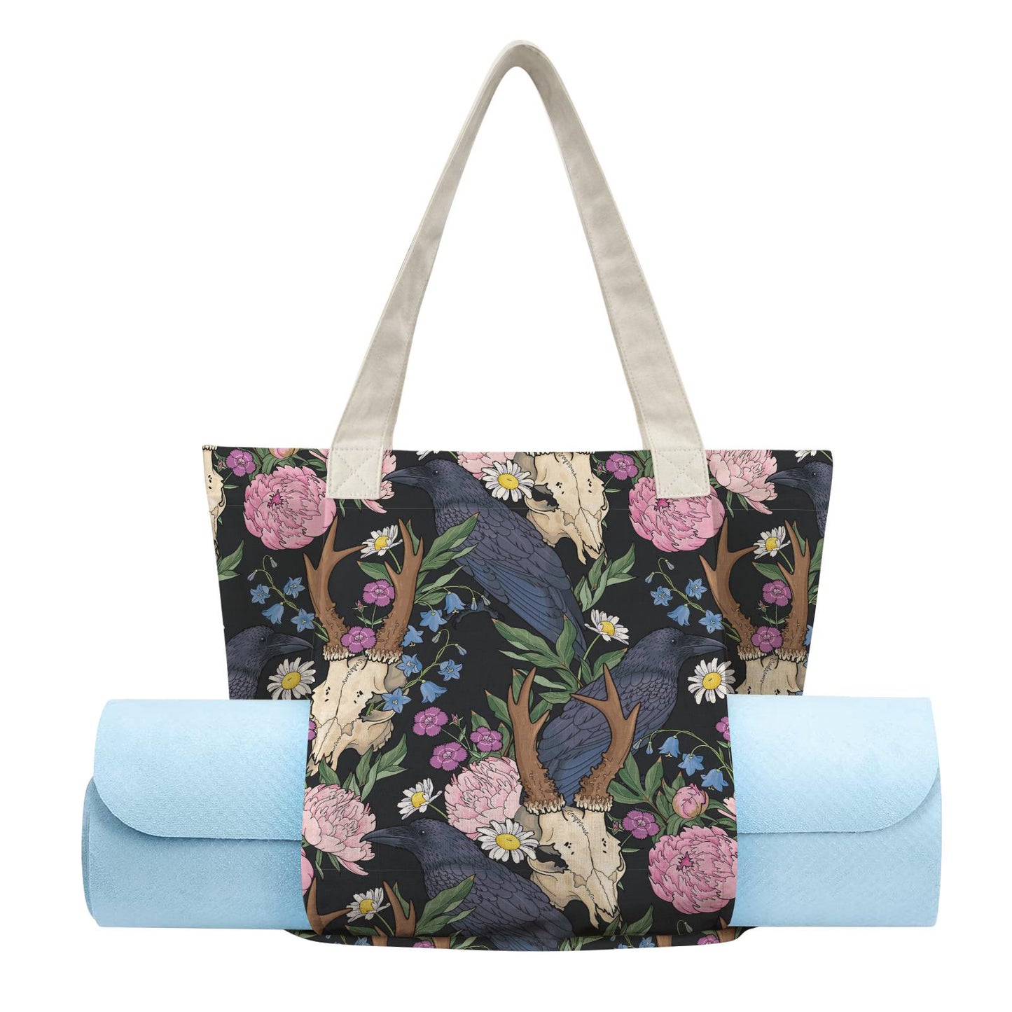 Dark Academia Raven Antler Cotton Yoga Tote – Shoulder Bag with Built-In Mat Storage