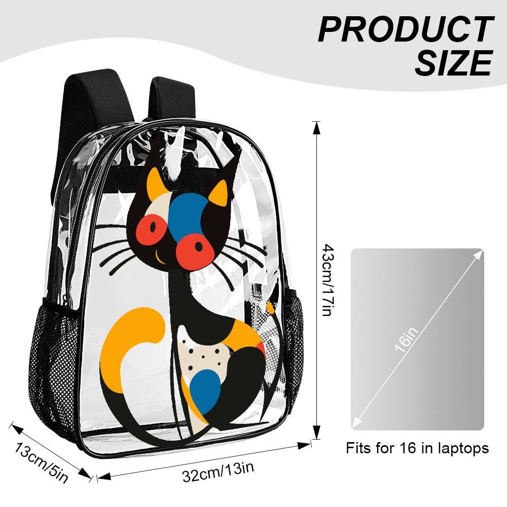 Transparent PVC Backpack with Abstract Cat Print, 17 Inch with Side Pockets