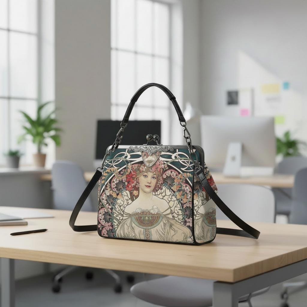 Art Nouveau Style Kisslock Crossbody Handbag - Vintage Romantic Bag