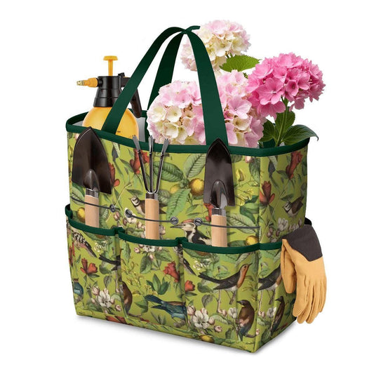 Green Vintage Bird Garden Tote – Gardening Tool Organizer Bag With Pockets