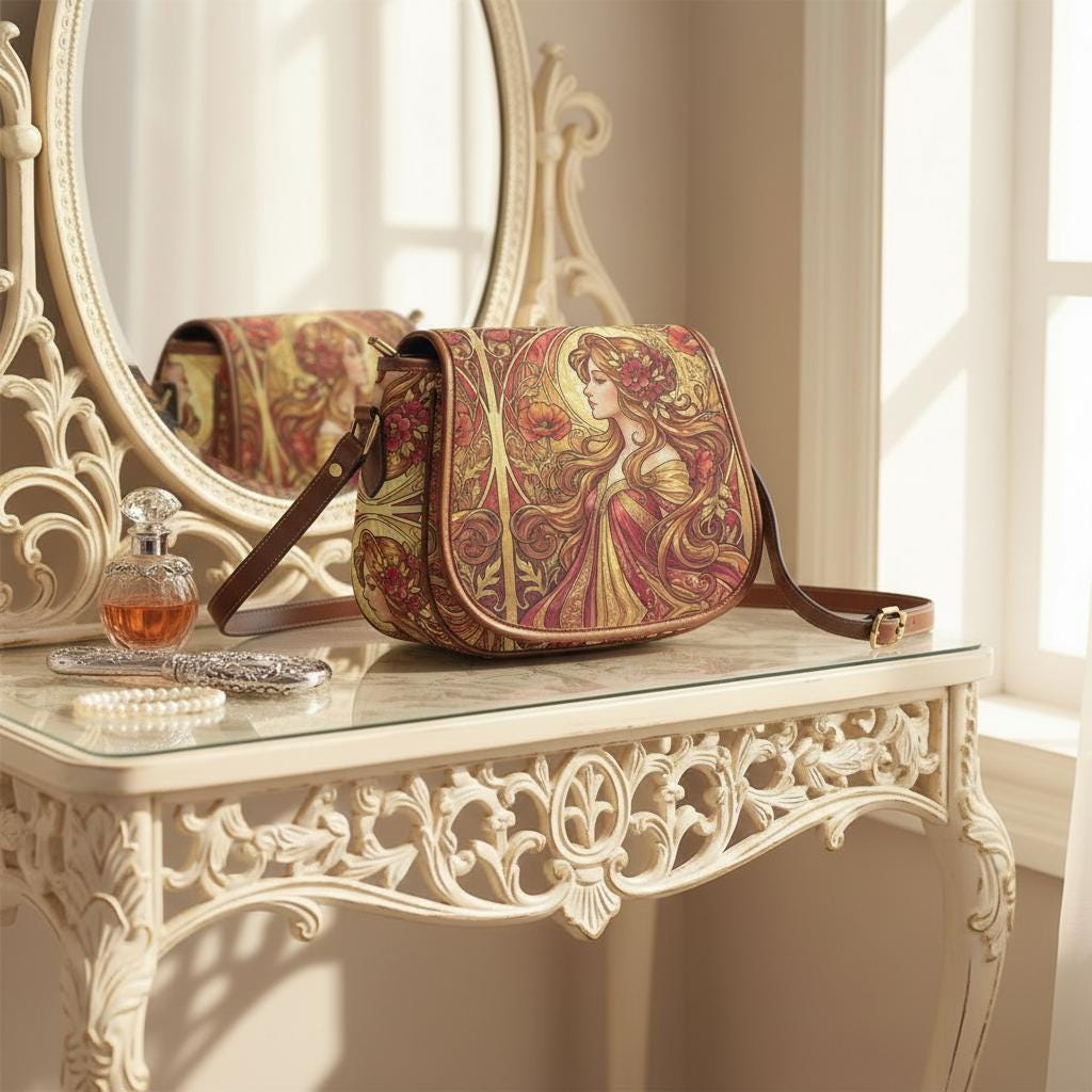 Art Nouveau Floral Saddle Bag, Romantic Crossbody or Shoulder Handbag
