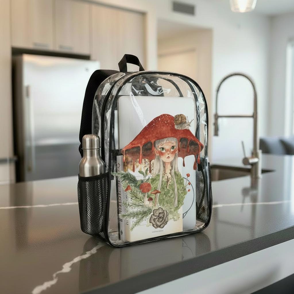 Fairycore Clear PVC Backpack, Mushroom Forest Daypack, Mesh Side Pockets