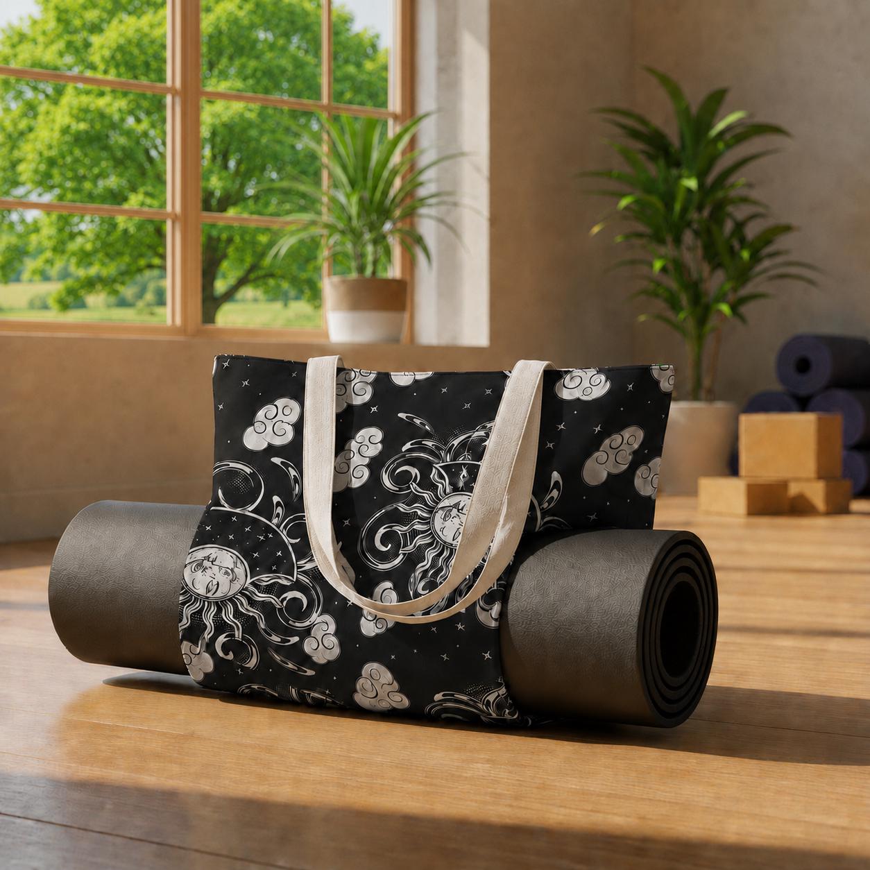 Sun & Moon Black White Cotton Yoga Tote – Shoulder Bag with Built-In Mat Storage