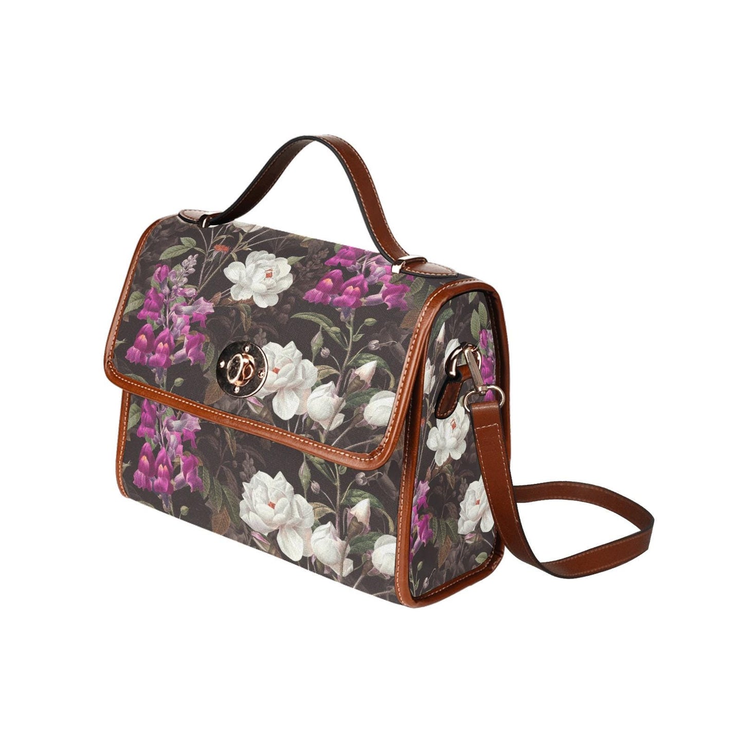 Dark Academia Wildflowers Canvas Crossbody Bag – Black Purple Botanical Vintage Bag