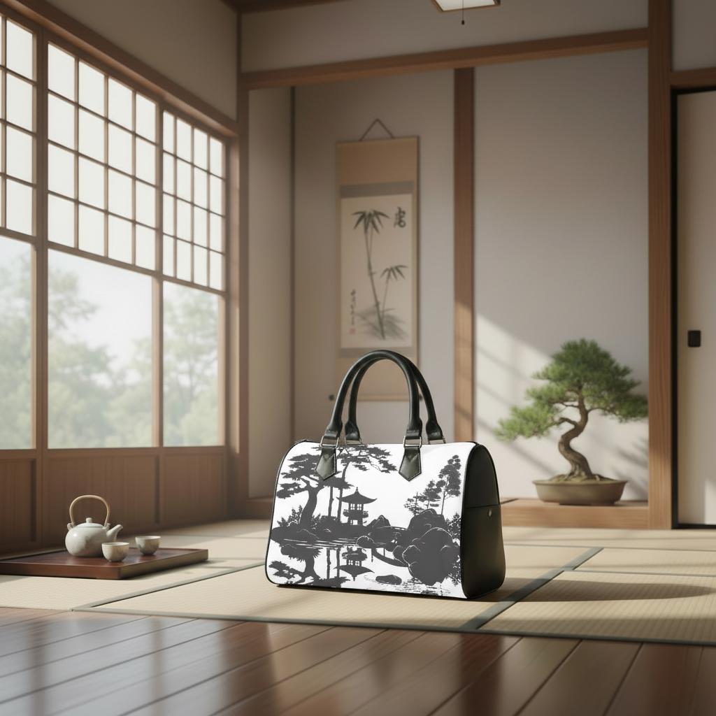 Asian Ink Pagoda Barrel Handbag – Black White Zen Art Wabisabi Purse