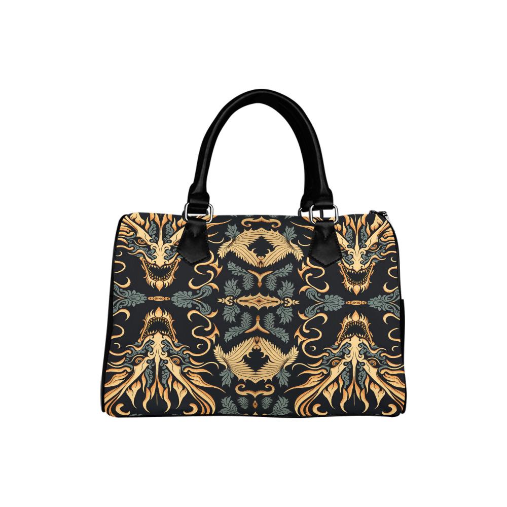 Asian Dragon Print Barrel Handbag – Black Gold Everyday Bag