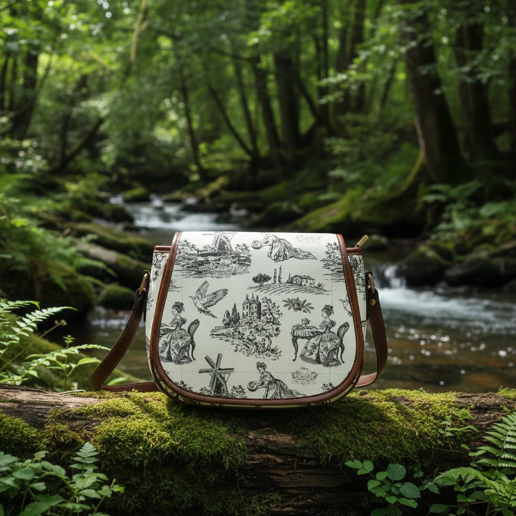 Toile de Jouy Saddle Bag, French Vintage Romantic Crossbody or Shoulder Handbag