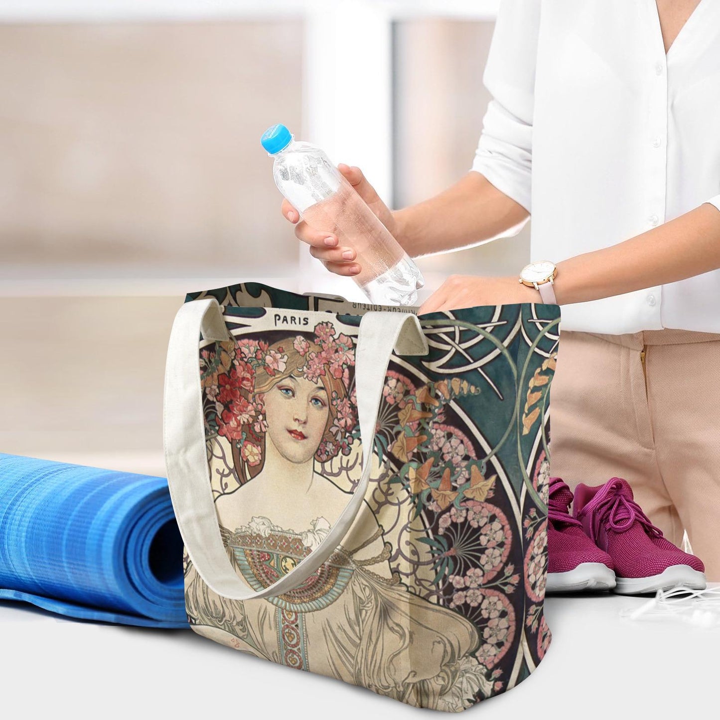 Art Nouveau Yoga Tote Bag with Mat Holder – Large Cotton Linen Fitness Shoulder Tote