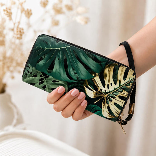Retro Monstera Leaf Clutch Wallet – Gold Green Botanical Women’s Purse