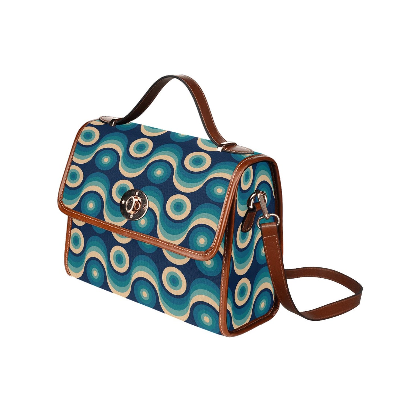 Retro 70s Canvas Crossbody Bag – Blue Brown Midcentury Style Handbag