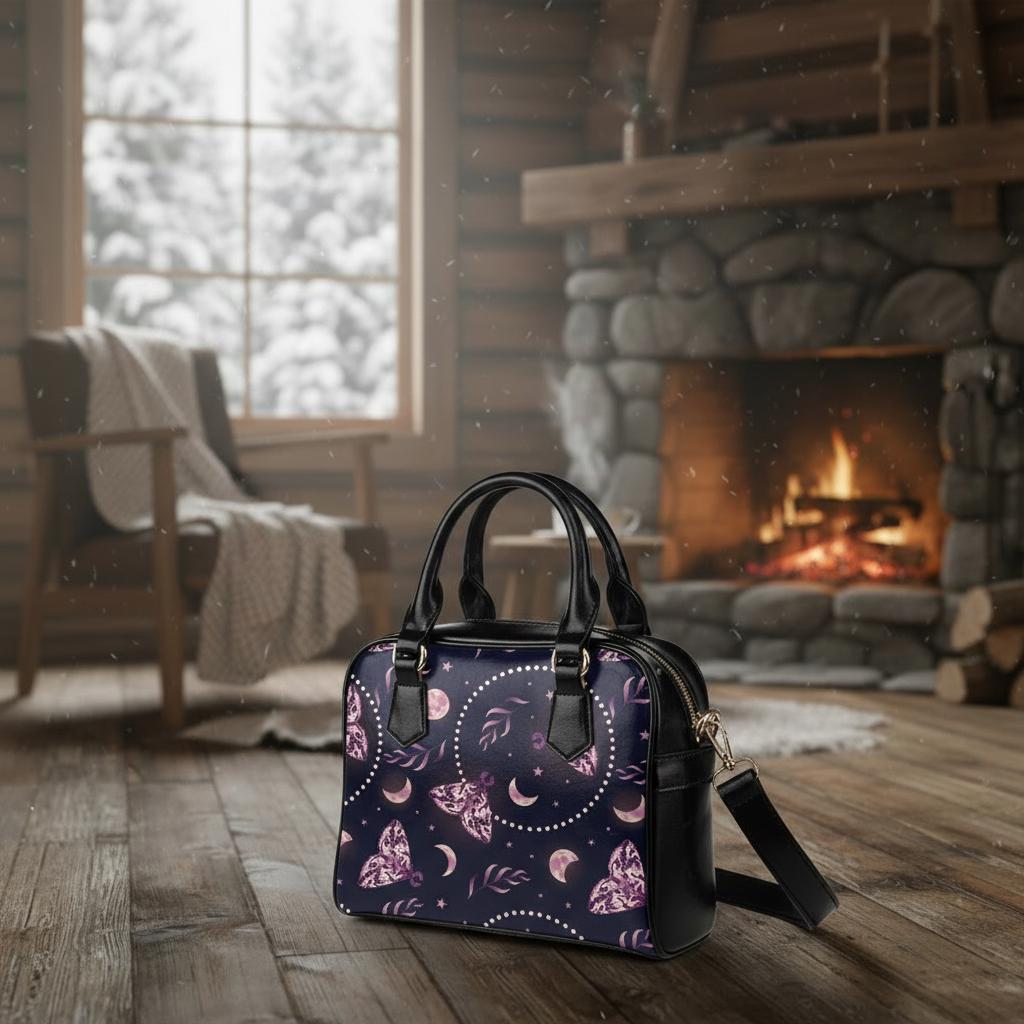 Dark Academia Moths & Moon Shoulder Handbag – Gothic Vegan Leather Handbag