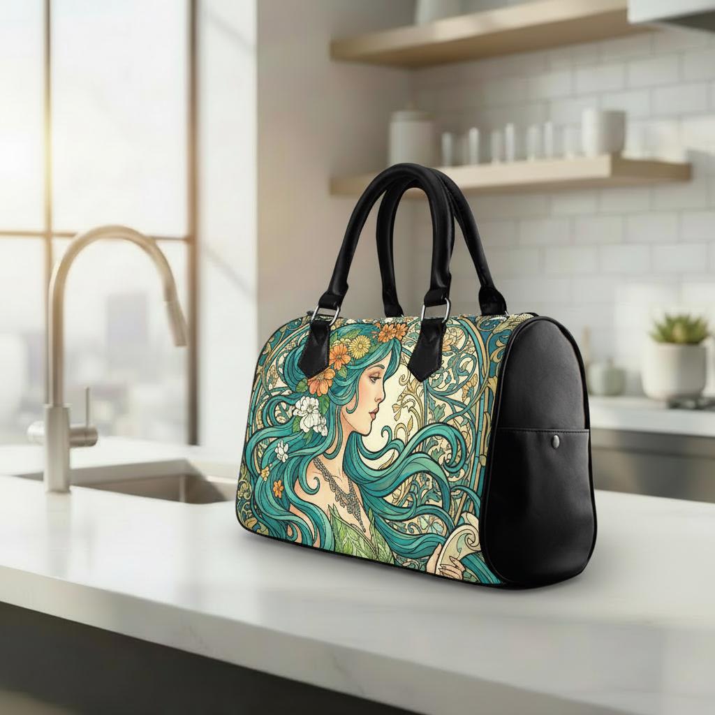 Art Nouveau Barrel Type Handbag – Green Black Romantic Bag