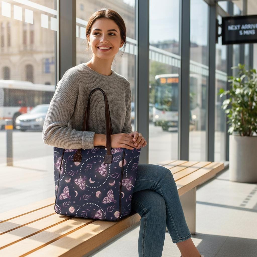 Classic Large Moths & Moon Tote Bag – Dark Academia Waterproof Shopper