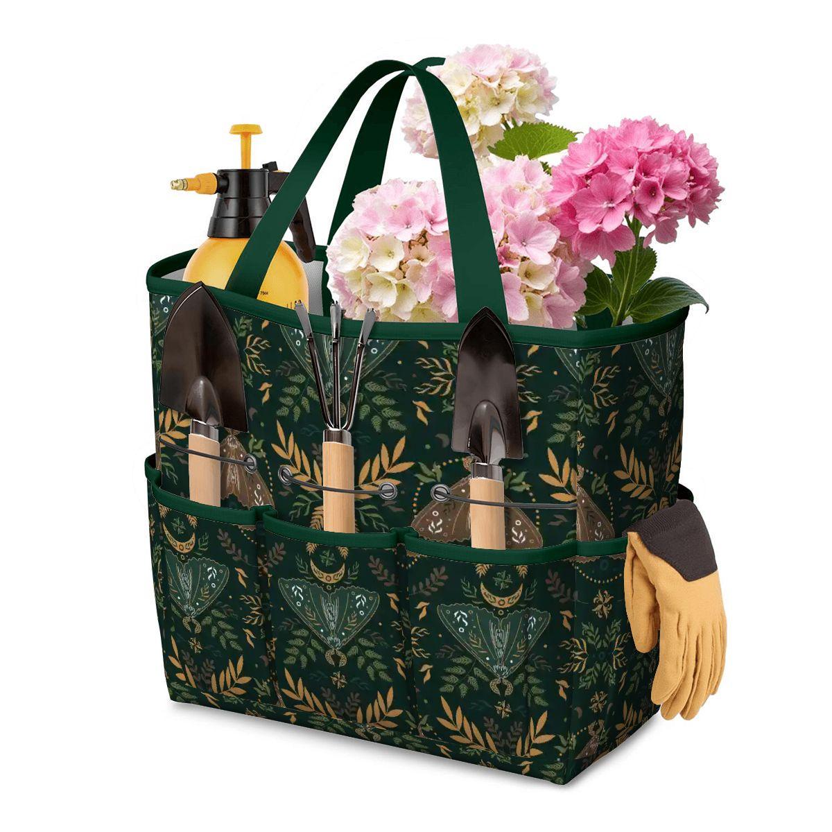 Dark Green Folkloric Garden Tote – Gardening Tool Organizer Bag With Pockets