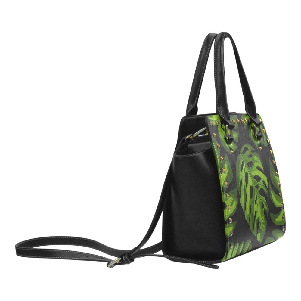 Retro 70s Monstera Rivet Shoulder Handbag – Vintage Midcentury Print Purse