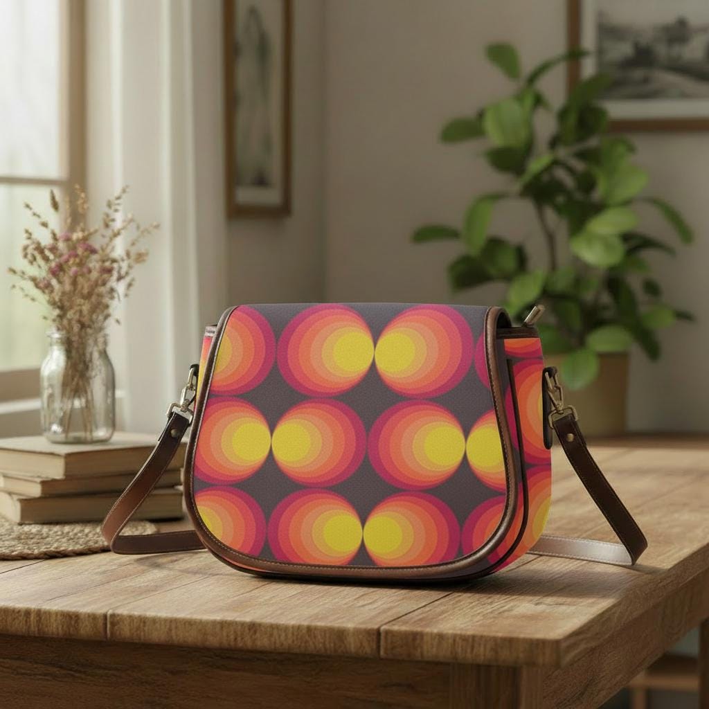 Funky Retro 70s Orange Brown Saddle Bag - Midcentury Style Crossbody