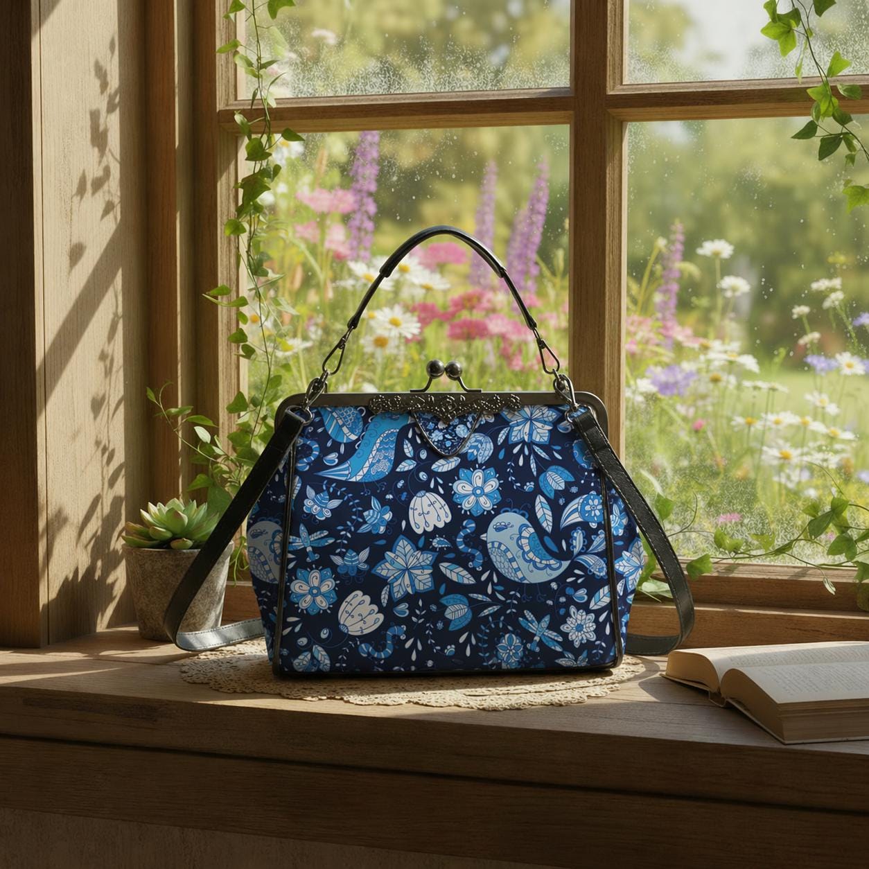 Blue Birds Flowers Folkloric Kisslock Crossbody Bag – Vintage Handbag with Adjustable Strap