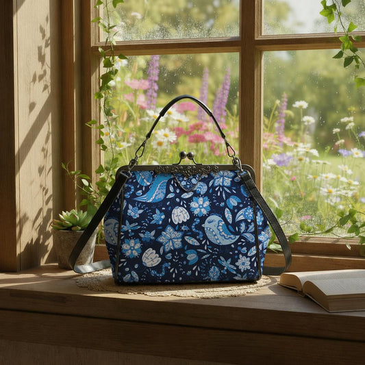 Blue Birds Flowers Folkloric Kisslock Crossbody Bag – Vintage Handbag with Adjustable Strap