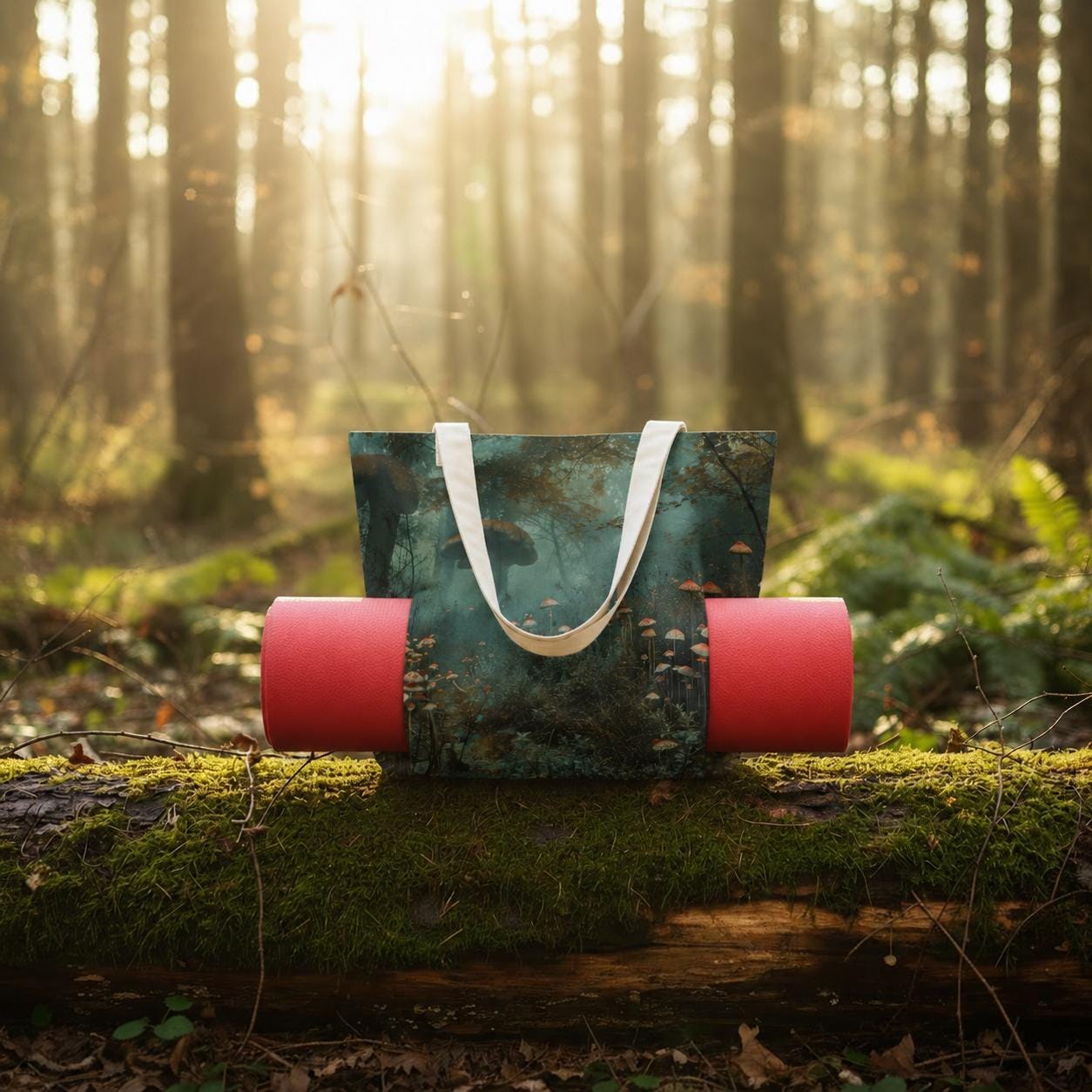 Enchanted Mushroom Forest Yoga Tote Bag with Mat Holder – Dark Academia Botanical Tote