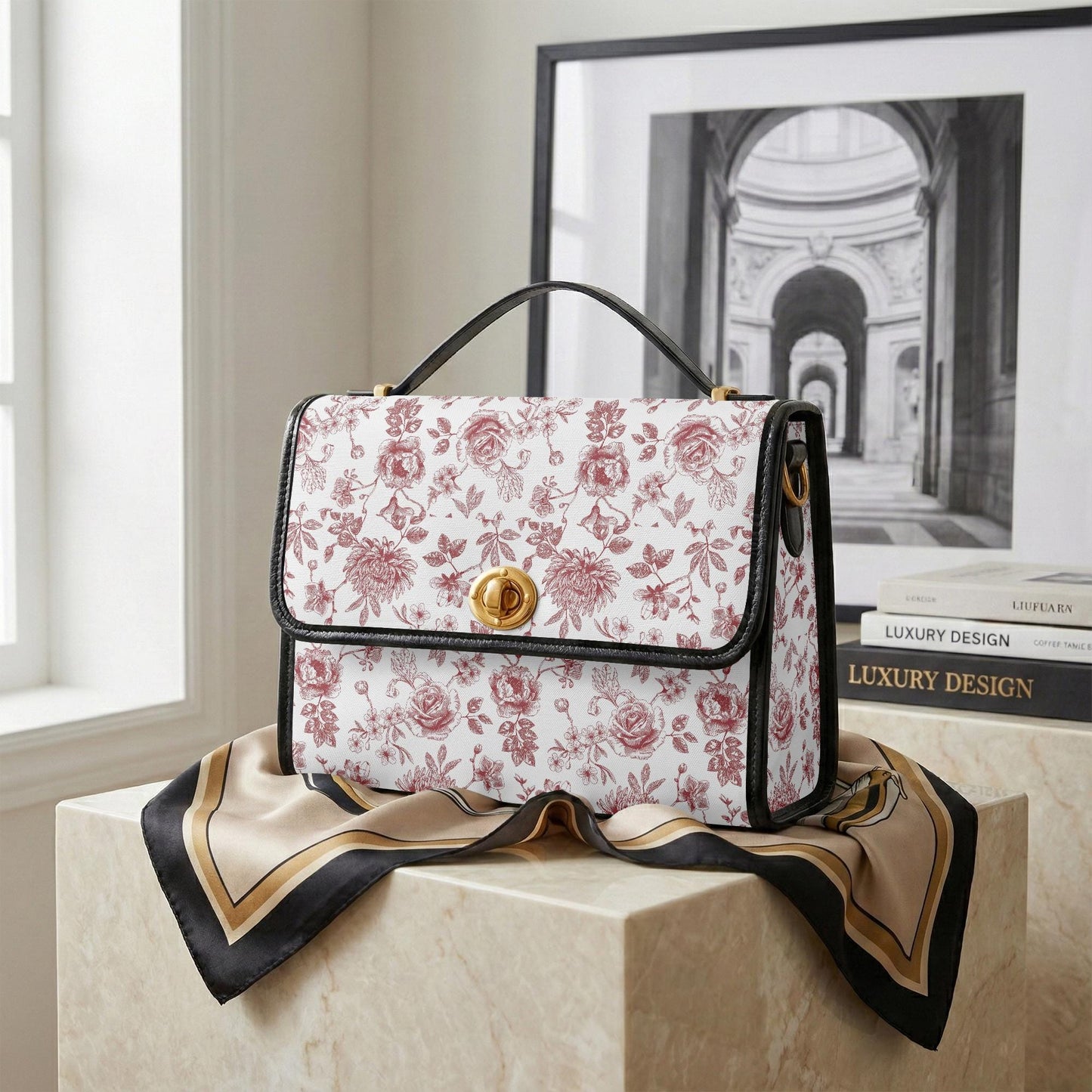 Red White Toile de Jouy Handbag – French Floral Vintage Canvas Crossbody