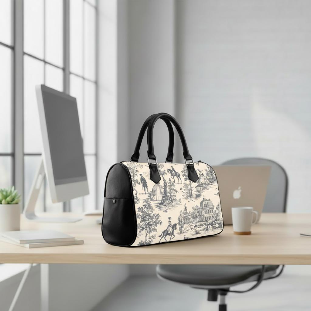 Toile de Jouy Black White Barrel Handbag – French Vintage Everyday Purse